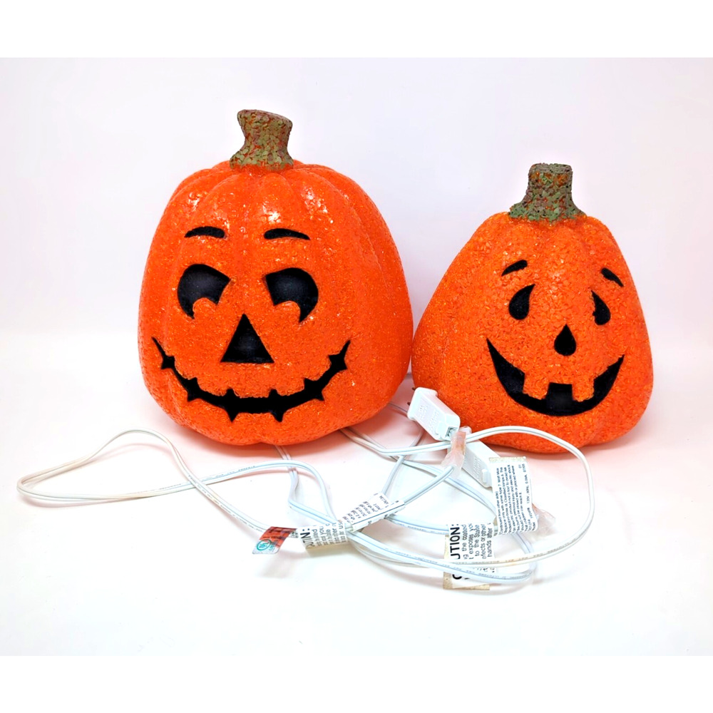 2 Vintage Seasons 8" Halloween Melted Plastic Popcorn Light Up Pumpkin Orange